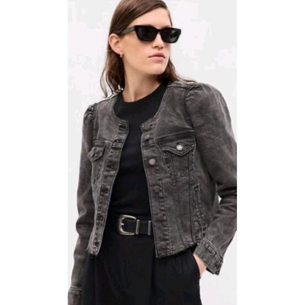GAP Women Black‎ Washed Denim Jacket Puff Sleeve Cropped Button Front Size S